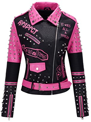 Giolshon Damen Kunstlederjacke Moto Mantel mit Blumenmuster | Streetwear für Frühling und Herbst mit Gürtel und Punk Graffiti Print Reißverschluss mit Nieten am Revers für Konzerte