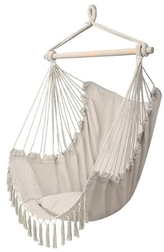 Hängesessel zum Aufhängen, Seilschaukel, max. 120 kg, 2 Sitzkissen inklusive, für drinnen und draußen, Garten, Hof, Wohnzimmer, Beige 120 x 150 cm