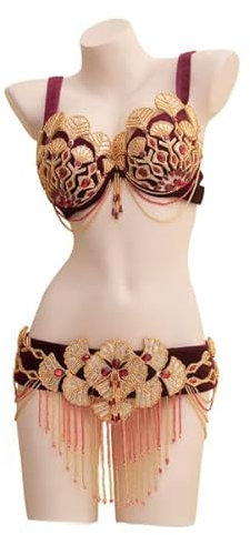 JRUIA Bauchtanzkostüm Mit Fransen Für Damen Samt Tribal Bauchtanz BH Und Gürtel Set BH Top Karneval Halloween Hüftgurt Outfit Sexy Professioneller Tanzanzug (2 Stück),Rot,L
