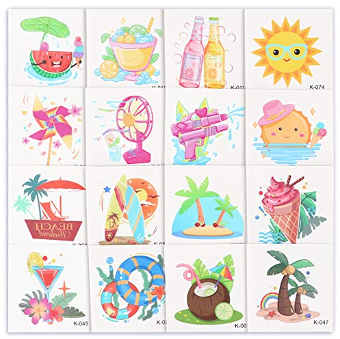 34 Sheets 102 pcs Hawaiian Temporary Tattoo Stickers Summer Hawaiian Tattoos for Kids Summer Tattoo Stickers Party Favors Decorations Birthday Gifts Perforated Tear-Off Temporary Tattoos