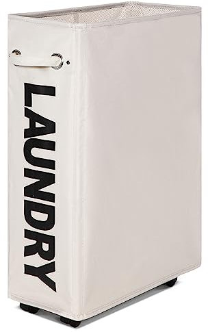 Caroeas Panier à Linge 55L avec Roulettes, Pliable et Étroit, Grande Capacité, Bac de Rangement sur Roues pour Petit Espace，Beige