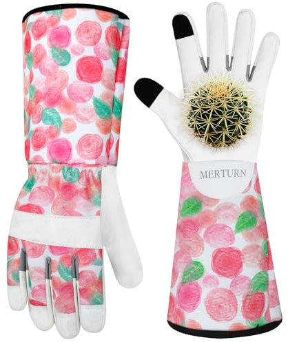 MERTURN Lange Gartenhandschuhe aus Leder für Damen, dornensicher, Touchscreen-Design, Gartenhandschuhe, Arbeitshandschuhe für Damen