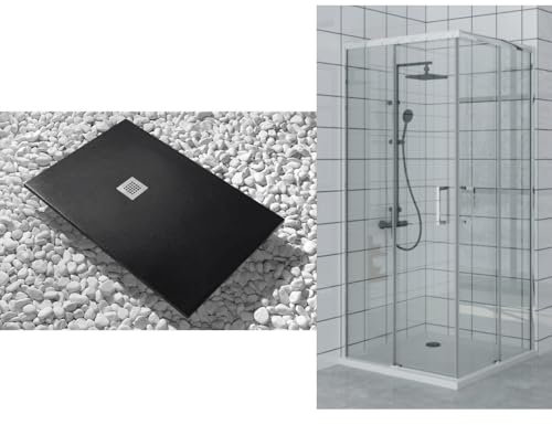 Plato de ducha 70 x 135 cm Extra Slim negro + cabina ducha 70 x 135 cm Alto 200 cm con apertura en ángulo