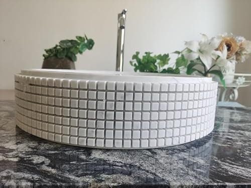 Lavandino in marmo bianco italiano di Carrara - Lavello in pietra naturale al 100% con taglio a mosaico Lavabo rotondo per bagno esterno