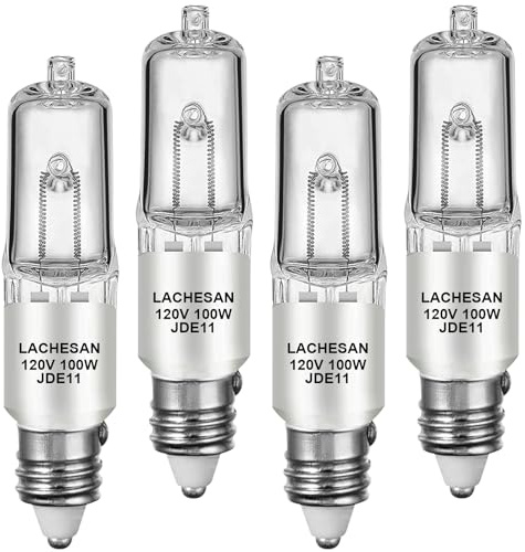 Lachesan JDE11 120v 100w, E11 Halogen Light Bulb,Dimmable T4 Mini Candelabra Base(Replacement E11 Led Bulb), 2700K Warm White for Chandeliers, Ceiling Fan, Table Lamps, Cabinet Lighting, 4 Pack