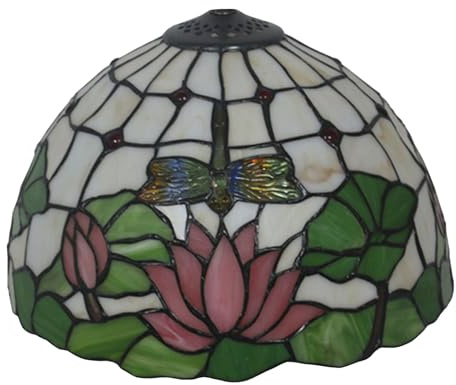 BOTOWI Tiffany Lamp Shade Replacement 12 Inch Dragonfly Lotus Pattern Stained Glass Lampshades Only with Cap Pink Green Cream Vintage Light Cover for Table Lamp Pendant Light Ceiling Fixture