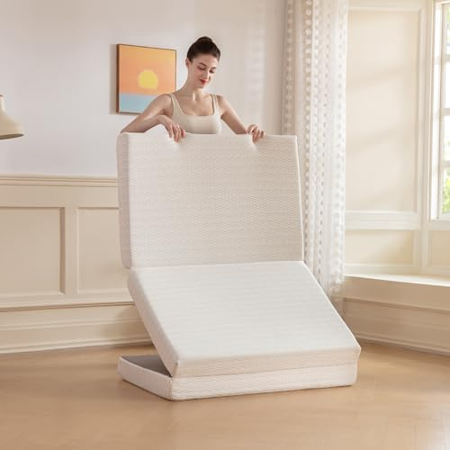 MLILY Foldable Mattress, 4 Inch Twin Tri Fold Memory Foam Mattress Topper, Floor Bed with Washable Cover for Camping, RV Travel and Guest Sleeping Mat, 75×38×4, White