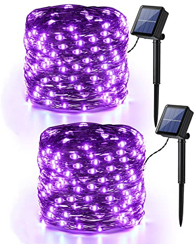 PhilzOps Solar Halloween Lichterkette, 2 Stück 14M 120 LED Solarlichterkette Aussen Lila 8 Modi Wasserdicht Kupferdraht Solar Lichterkette Outdoor für Garten Balkon Terrasse Hof Horror Party Deko