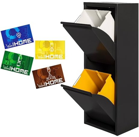 WELL HOME MOBILIARIO & DECORACIÓN Cubo de basura y reciclaje Metálico de 2 compartimentos + 4 etiquetas magnéticas, 2x17L (34L) Negro mate