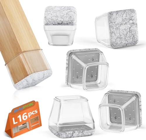 Stuhlbeinkappen Eckig, 16pcs Bodenschoner für Stühle, Schutzkappen für Stuhlbeine mit Filz, Klare Silikon Stuhlbeinschoner Zum Schutz von Böden