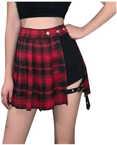 Damen Y2k A-Linie Kurzer Rock Minirock Hohe Taille Kariert Faltenrock Kariert Mädchen Plissee Röcke mit Schnürung Basic Skirt Tennis Spitze Basic Rock Gothic Punk Mini Schwarz Rock