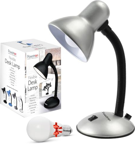 Powatron Flexible Desk Lamp Study Table Lamp with E27 Bulb & On/Off Switch | 1.5m Cable with BS Approved Plug - Flexible Neck, Metal Construction - Perfect for Study, Office & Bedroom Lighting