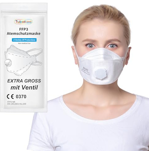 TubeRoo FFP3 Maske mit Ventil großer Kopf, Fischform 8 Stück Masken, Versand aus Deutschland, Kopfband/Ohrschlaufen Bänder, Atemschutzmaske