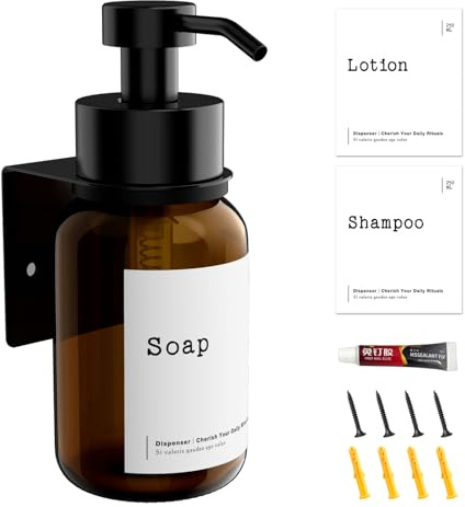 Glas Seifenspender 250ml, Seifenspender Wandbefestigung Braun,Ohne Bohren Wandmontage, Shampoo Spender für Dusche, Spülmittelspender Soap Dispenser für Handseife Shampoo Spülmittel