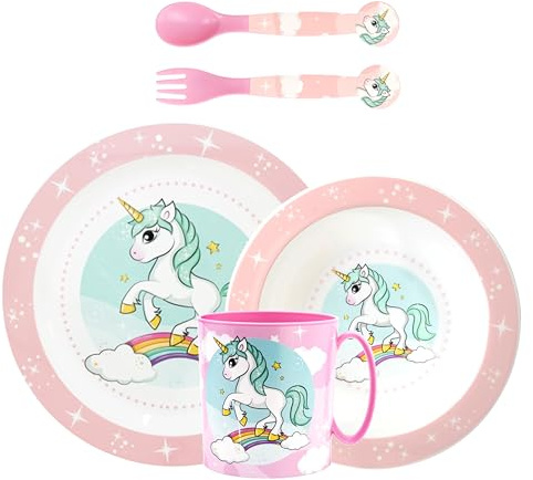 Sorrisini Juego de vajilla reutilizable para niños unicornio, platos de plástico para guardería, escoba, plato, cuenco, cubiertos taza, juego destete primera comida para microondas, unicornio