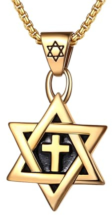 Flongo Collar de cruz de estrella de David: colgante hexagonal de acero inoxidable con cruz, joyería judía de Israel para hombres y mujeres, 23.62 inches, Acero inoxidable