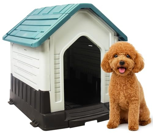 TZHYKPHOME Hundehütte für drinnen und draußen, langlebig, wasserdicht, Kunststoff, für mittelgroße und große Hunde, isoliert, Welpenunterschlupf, Hundehütte mit Lüftungsschlitzen und erhöhtem Boden