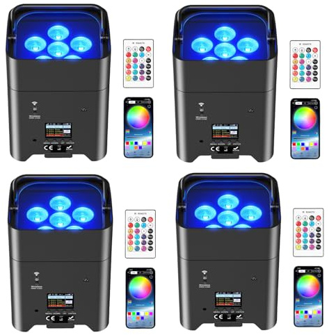 4PCS 6 * 18W LED Akku Par Licht, 6 in 1 RGBWA+UV Disco Partylicht mit 9600mAh, Bühneneffekt Scheinwerfer mit Batterie Fernbedienung/APP/DMX, Wiederaufladbar Geeignet für Bühne Party Geburtstag Club