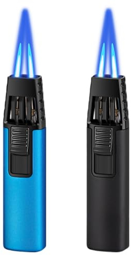 2 Pack Jet Torch Lighter, Dual Flame Refillable Butane Gas, Windproof Adjustable Flame Lighters for Kitchen,Outdoor,Grill,Candle,Camping (Without Butane)-Black+Blue