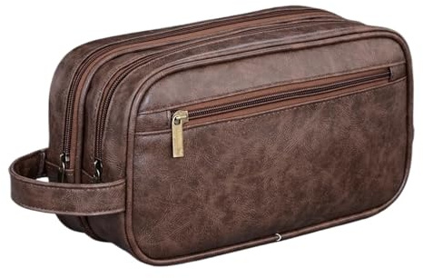 ANQKYO Double-Layer Toiletry Bag For Men PU Leather Travel Wash Organizer Water-resistant Shaving Cosmetic Bag Strorage For Travel(Coffee)