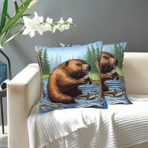 SDTYKHJ Throw Pillow Cover Modern Double-Sided Pillowcase Soft Couch Pillow Covers Square Cushion Case Decorative Cushion Cover Busy Beaver Cartoon Pillow Case for Sofa Bed Home Decor 18x18