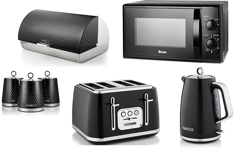 Swan Elegance Black 1.7L Kettle, 4 Slice Toaster, Breadbin, Canisters & 20L 700W Microwave SM4420BLK. Contemporary Matching Kitchen Set of 7 - Premium Textured Black Finish