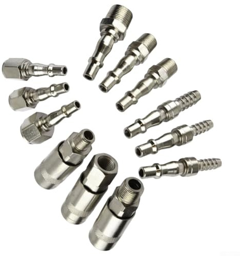 Set di 12 raccordi per compressore per tubi d'aria, 1/4 e 3/8 per connettori a sgancio rapido BSP, accoppiatori placcati in lega di acciaio zincato compatibili con PCL Airflow Rectus 19 strumenti