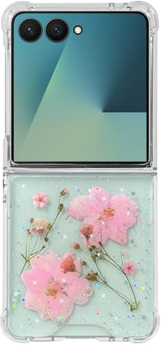Efitoo for Samsung Galaxy Z Flip 7 Case Glitter Pink Floral Cute Design Clear with Real Dried Pressed Flower Sparkle Bling Stars Transparent Women Girly Aesthetic Shockproof Phone Cover