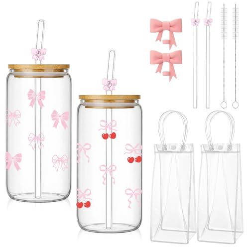 saerryor 2 Pack Bow Iced Coffee Cup Set, 16 oz Glass Cups with Lids and Straws Cleaning Brush and Handbag for Girl Women Drinking Coffee Tea Iced Bubble Tea Water