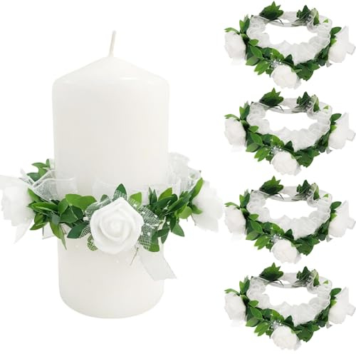 Tropfschutz Kommunionkerze 4 Stück, Tropfenfänger Kommunionkerze Mit Weiß Blumen, 5-8 Cm Durchmesser Einstellbar Kerze Kommunion Dekoration, Tropfschutz Kerze Für Taufkerzen Hochzeiten (Blume)