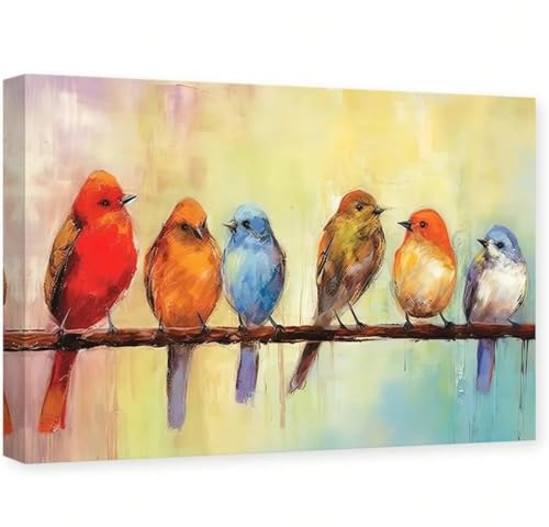 AIHNBF Bunte Vögel auf Ast Leinwand Wandkunst Impressionistisches Ölgemälde Lebendige Tierwelt Wandbild Pastell Natur Kunst für Wohnzimmer Schlafzimmer Büro Wanddekoration 60x90cm