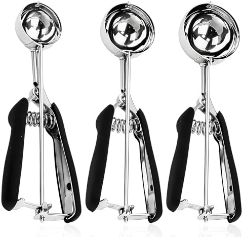 TIANLIN Lote de 3 Cuchara de Helado – 4 cm, 5 cm, 6 cm – Acero Inoxidable 304 con Disparador – para Diferentes Tamaños de Porción – Apto Lavavajillas, Mangos TPR Negros – Para Bolas de Helado & Más