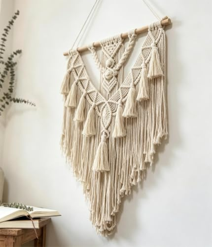 Umllpet makramé vägghängande boho väggdekoration 70 x 40 cm, handvävd bomull med tofsar och träpinne, boho-gobeläng för vardagsrum sovrum balkong dekoration, väggdekoration, presentidé