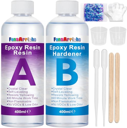Resine Epoxy Transparente Kit Complet 800 ml Transparent Résine époxy | 1: 1 Ratio Cristalline Pour Moulage et Revêtement, Dessus de Table, Fabrication de Bijoux et Décoration Artisanale