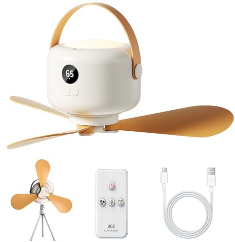 FIRE BULL Ventilador de camping USB con luz LED de 5 velocidades, recargable con control remoto, ventilador de tienda con aspas de ventilador extraíbles, temporizador, trípode, dormitorio exterior
