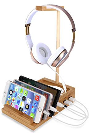 Yisen Handy Universal Wooden Game Earphone Headphone Stand Hanger(Removeble) with Cable Holder Multi Device Smartphone 3-Port USB Charging stations(with power switch and 1.5M UK plug power cord)