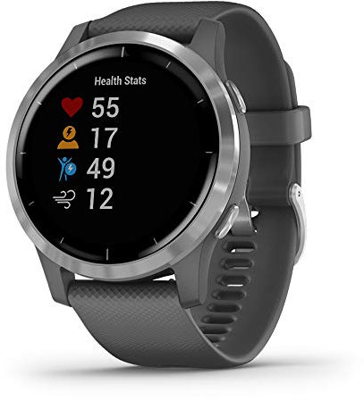 Garmin vívoactive 4, GPS Smartwatch, features Music, Body Energy Monitoring, Animated workouts, Pulse Ox Sensors and More, Silver with Gray Band