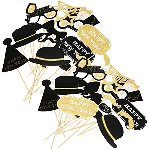 com-four® 40-teiliges Silvester Requisitenset - Fotokabinen Requisiten aus Karton - Accessoire für Silvester - Masken in schwarz und goldfarben