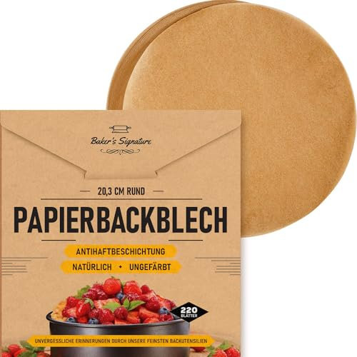 Backpapier Zuschnitte, 220 Stück Backpapier Rund 20 cm - Tortenpapier Rund | Butterbrotpapier Braun Pergamentpapier zum Backen, Kochen & Braten - Einfache Anwendung & Reinigung von Baker's Signature
