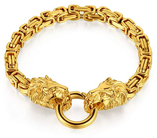 Flongo Herren Löwe Armband Edelstahl: schwarz silber gold Wikinger Schmuck Charms Cuban Kette mit Löwenkopf Lion Head Löwen Armkette retro biker Geschenk für Männer Damen breit Weihnachten