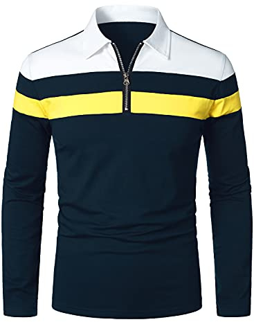 HOOD CREW Mens Casual Long Sleeve Polo Shirts Contrast Color Patchwork Cotton Tee Tops