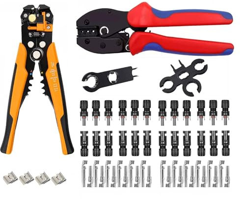 QeeHeng Solar Crimping Tools-Crimping Tool Kit,1pcs Crimper,1pcs 8 Inch Self-Adjusting Wire Stripper,12 Pair Solar Panel Connectors