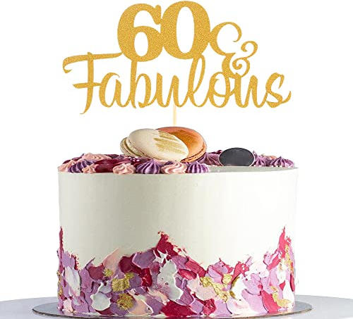 AmarYYa Fabulous & 60 Cake Topper - Gold Glitter 60th Birthday Topper、Gold Glitter Sixty Anniverysary Party Decoration, Cheers to 60 Years Party Decorations Supplies…