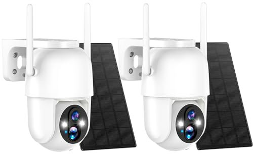 Allweviee 2Packs Solar Security Outdoor WiFi Camera, Pan Tilt 355° View IP65 Waterproof Rechargeable Wireless Battery Powered 2K 3MP PTZ Camera with PIR, Color Night Vision,2-Way Talk, 4dbi Antenna