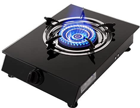 IBOWZ Plaque de Cuisson Gaz Cuisinière à gaz Cuisinière à gaz,cuisinière à gaz Portable brûleur GPL Unique,cuisinière à gaz de Camping en Verre trempé Noir,Support de poêle en Fonte [Classe énergé