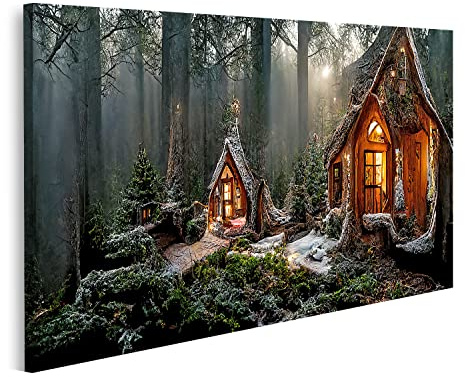 islandburner Bild auf Leinwand Das Haus des Weihnachtsmann im Zauberwald schön geschmückte Weihnachten Deko 1 Bilder Wandbilder Poster AWJU-1K
