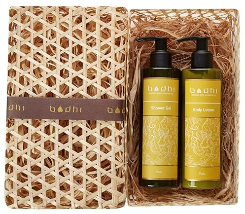 Bodhi® Naturkosmetik Geschenkset YUZU 2 x 250ml - für Damen und Herren mit exotischem zitrus Düft, beinhaltet Körpermilch und Duschgel, verpackt in Handgemachter Pandan Box/Bio & Vegan