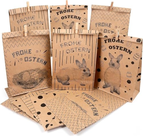 Ostern Papier Geschenktüten, Ostertüten Zum Befüllen, 12 Stücke Braun Partytüte mit Geschenkanhänger Aufklebern Süßigkeiten Papiertüten Ostern Basteln
