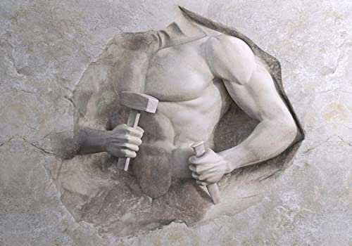 wandmotiv24 Fototapete Marmor Relief Mann, 300 x 210 cm - selbstklebende Strukturtapete, Wanddeko, Wandbild, Wandtapete, 3D Effekt Stein grau M6331