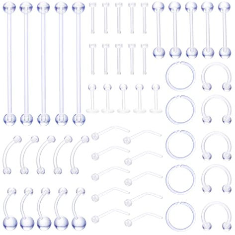 Milacolato 55Pcs Bioflex Tragus Piercing Set Transparenter Kunststoff Piercing Halter Septum Ring Nasenstecker Lippenring Helix Ohr Hufeisen Industrieller Piering Schmuck Für Damen Herren 16G 18G
